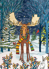A moose in a colorful striped scarf stands in a snowy forest with trees, birds, and a rabbit—capturing Minnesota wildlife in the 500-piece PuzzleTwist: Winter Moose Puzzle by Sarah Angst – PuzzleTwist Edition.