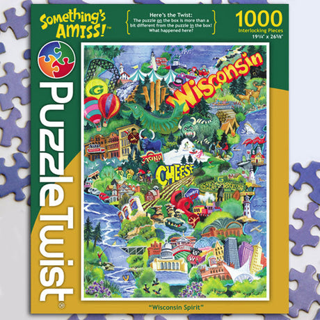 The PuzzleTwist: Wisconsin Spirit jigsaw puzzle by artist Nancy Patrick Carney features 1,000 pieces and a vibrant map of Wisconsin with landmarks and local references, adding a delightful twist to traditional puzzling.