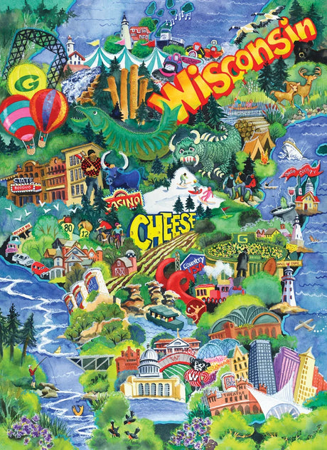 Wisconsin puzzle map with illustrated landmarks, labeled local attractions, cheese, forests, lakes, wildlife, and a hot air balloon in a colorful style.