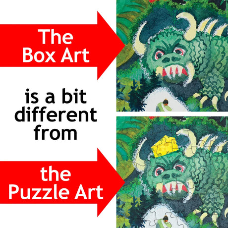 Side-by-side comparison of jigsaw puzzle box and completed puzzle, both showing a green monster. Red arrows and text highlight differences in horn shape and background details.