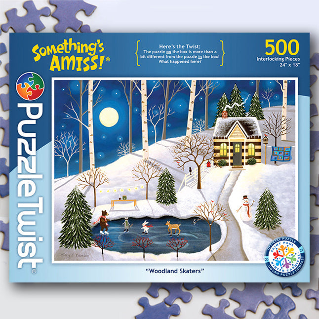 The PuzzleTwist: Woodland Skaters (500 Pieces) box showcases a snowy landscape featuring a house, pond, trees, and skaters. The cover suggests there's an intriguing twist with Somethings Amiss!, adding excitement to this jigsaw puzzle adventure.