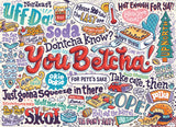 Puzzle showing colorful Midwestern sayings like “You Betcha!” and “Ope!” surrounded by food sketches and playful doodles.