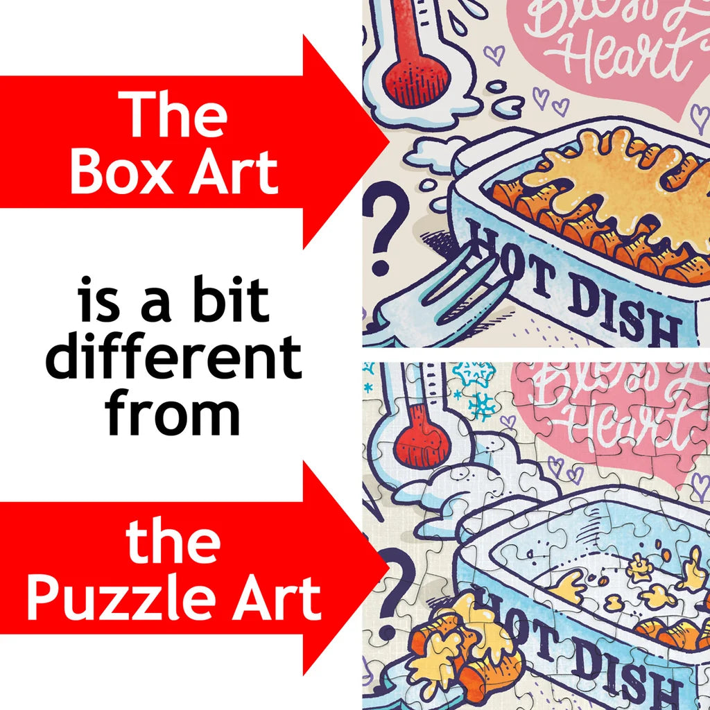 Side-by-side comparison of box art and puzzle art with bold red arrows and text pointing to differences in food dishes and background, displayed in a Midwest jigsaw theme.