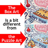 Side-by-side comparison of box art and puzzle art with bold red arrows and text pointing to differences in food dishes and background, displayed in a Midwest jigsaw theme.