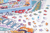 Jigsaw puzzle pieces with colorful, hand-drawn words and doodles on a white background, including visible text: OPEY, Juicy Lucy, and Hi North.