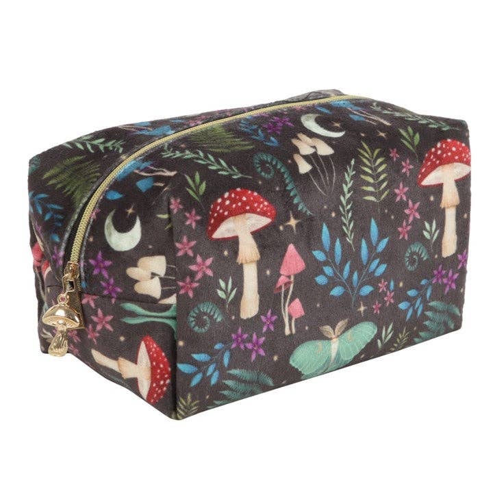 The Dark Forest Print Makeup Bag features a rectangular shape with colorful mushrooms, plants, moons, and a moth on a dark background—ideal as a travel toiletry bag or for organizing your essentials.