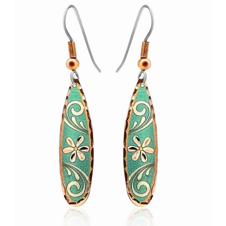 Handcrafted copper, green, and silver teardrop earrings with floral designs and fishhook ear wires.