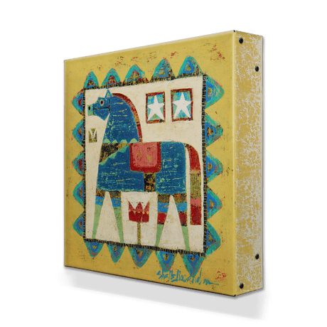 The Wall Decor: Blue Dala Horse - Metal Box Art (Aluminum Box, 18" x 18") showcases a square, Scandinavian-inspired design with a stylized blue Dala horse featuring geometric patterns, stars, and red accents on a textured background.