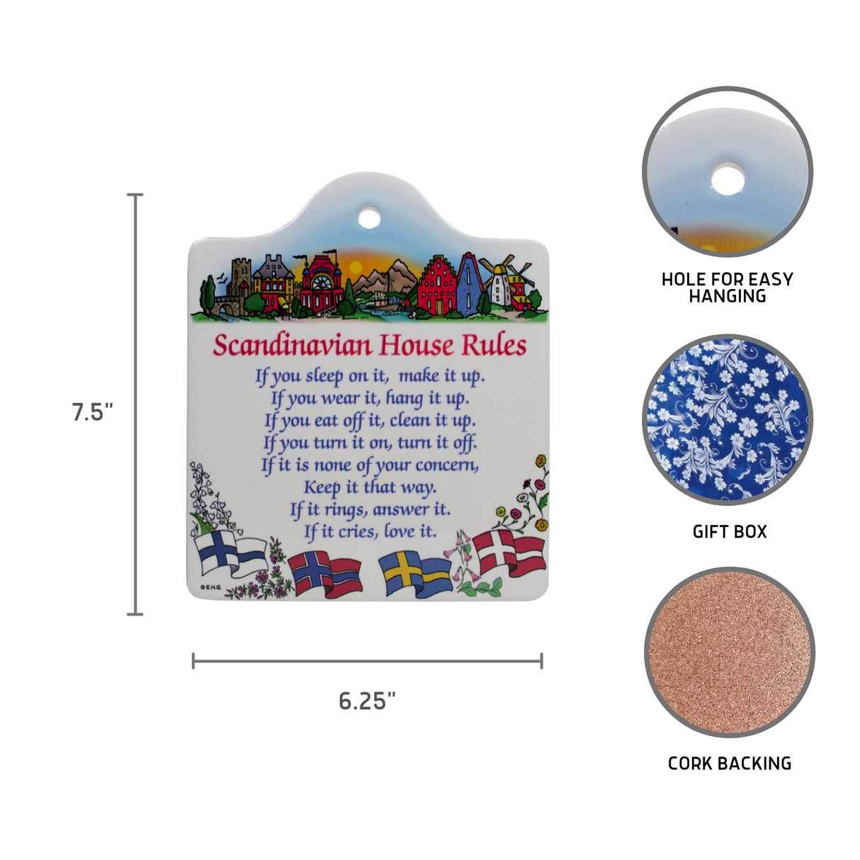 The Tile: Scandinavian House Rules cork-backed ceramic cheeseboard features vibrant illustrations of colorful houses and flags. Ideal for kitchen decor, it includes a hanging hole and gift box. Dimensions: 7.5 x 6.25.