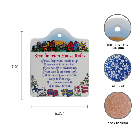 The Tile: Scandinavian House Rules cork-backed ceramic cheeseboard features vibrant illustrations of colorful houses and flags. Ideal for kitchen decor, it includes a hanging hole and gift box. Dimensions: 7.5 x 6.25.