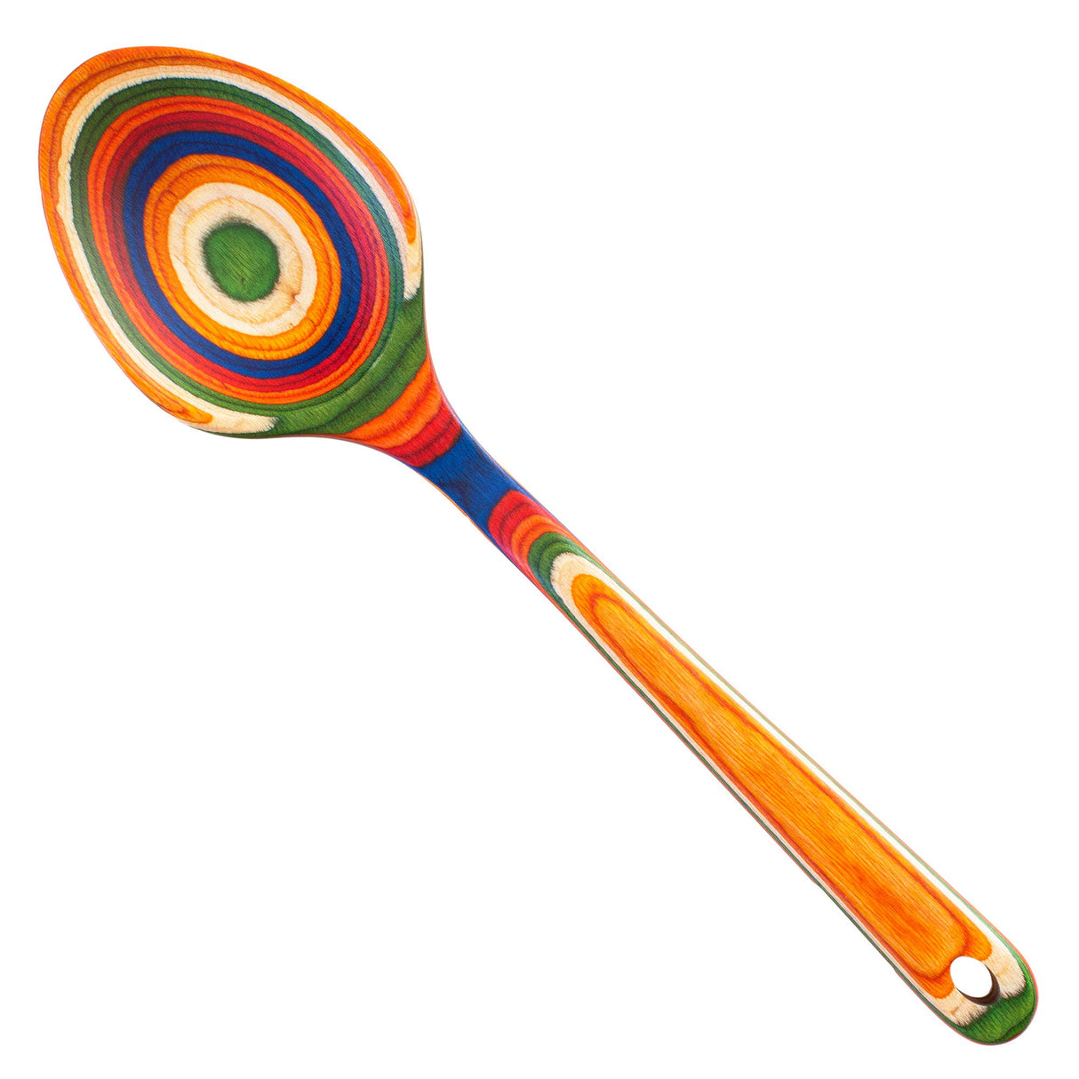 Birch serving spoon with multicolored rings in orange, green, blue, and red across both the bowl and handle.