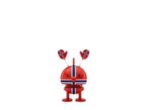 Red Hoptimist desk toy featuring Norway flag patterns and heart-shaped antennae on top, displayed against a plain white background.