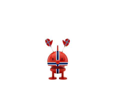 Red Hoptimist desk toy featuring Norway flag patterns and heart-shaped antennae on top, displayed against a plain white background.