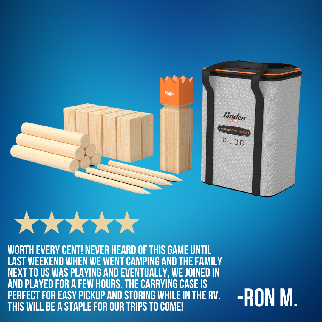 The Kubb Champions Series Yard Game Viking Chess Game includes wooden pieces and a carrying case. With a five-star rating and reviews praising its family-friendly fun and convenience, it's perfect for backyard game nights or camping trips.