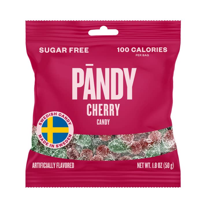 The Pandy Sugar-Free Sour Cherry candy, weighing in at 1.8 oz, features a vibrant red bag and delivers a delightful sourish taste. Made in Sweden, each package contains 100 calories of authentic Swedish candy.