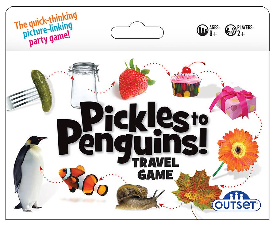 Game box for Game: Pickles to Penguins! The Fast-Paced Game of Wild Connections Travel Game—features a white background with images including a pickle, jar, strawberry, cupcake, gift, penguin, clownfish, boot, leaf, and flower.