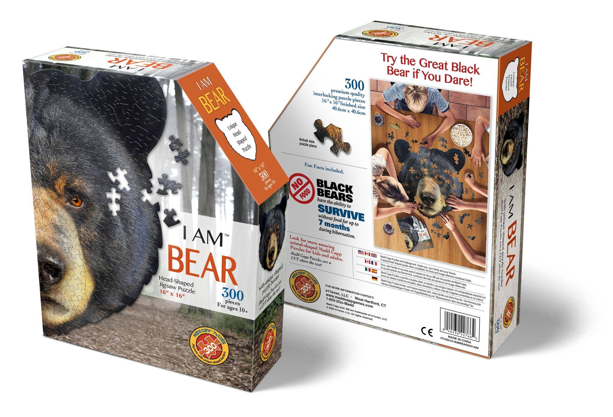 The "Puzzle: I Am Bear - Shaped Jigsaw (300 Pieces)" features a striking black bear design with 300 pieces. This uniquely shaped puzzle showcases the completed image and provides detailed product information on the back, including educational fun facts about black bears.