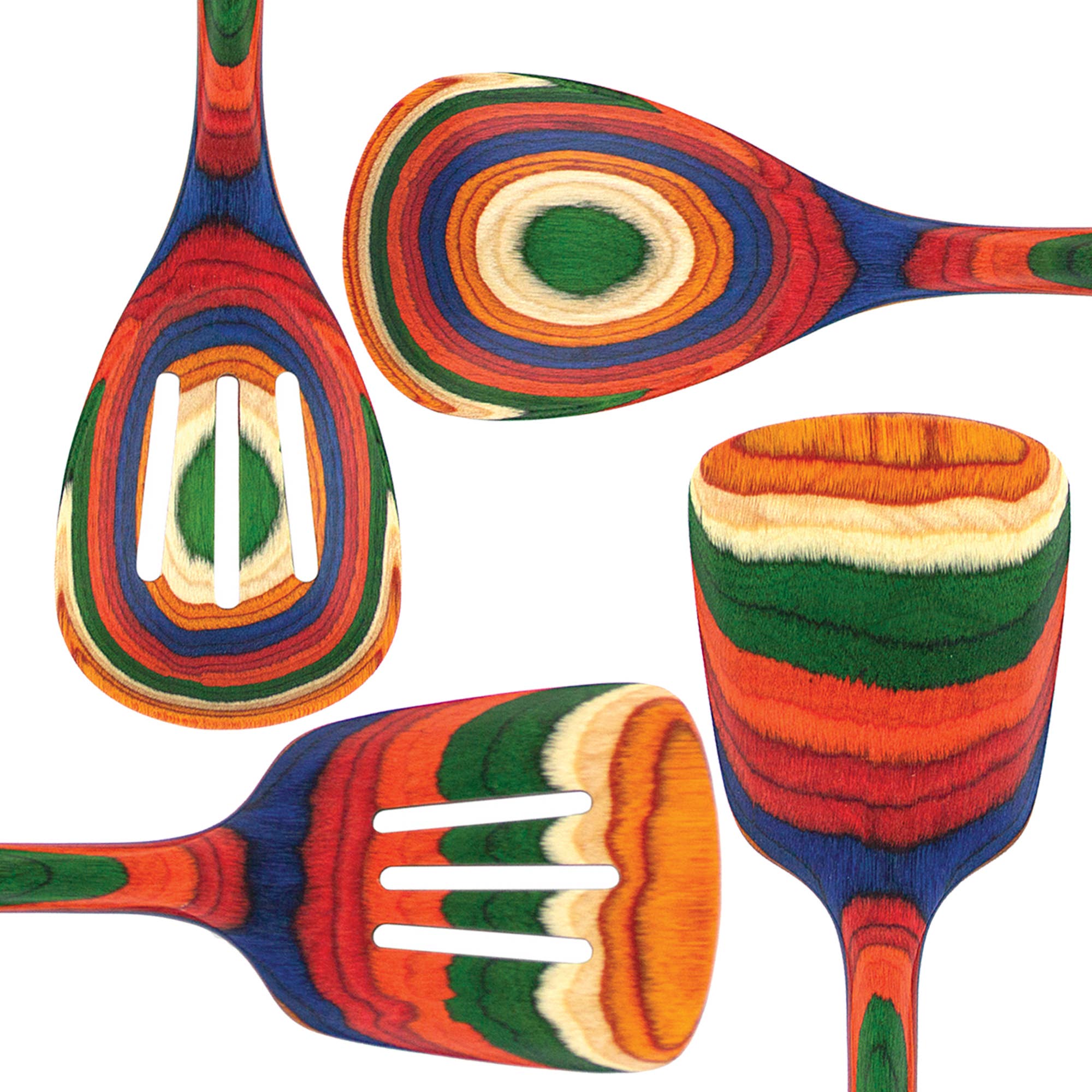 The Marrakesh Mixing Spoon Birch features an abstract design with vibrant, multi-patterned colors. This wooden kitchen tool showcases non-stick safe finishes adorned with lively stripes in green, orange, red, blue, and yellow.