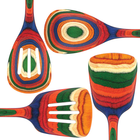The Marrakesh Wooden Spatula is crafted from birch and laminated in bold rainbow stripes—red, green, orange, yellow, blue, and natural wood—set against a white background.