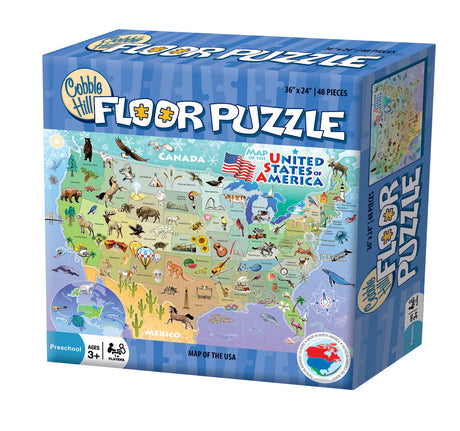Explore the USA with our 48-piece floor puzzle, Puzzle: Map of the United States of America, featuring a colorful map adorned with animals and landmarks. Ideal for curious minds aged 3 and up.