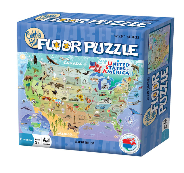 Explore the USA with our 48-piece floor puzzle, Puzzle: Map of the United States of America, featuring a colorful map adorned with animals and landmarks. Ideal for curious minds aged 3 and up.