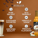 A bottle of Syruvia French Vanilla Coffee Syrup with real cane sugar and an iced coffee sit on a brown background with scattered coffee beans, alongside six icons showing benefits like gluten-free and cane sugar syrup.
