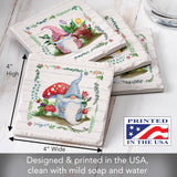 The Coaster: Spring Gnomes Tumbled Tile Coaster Set (4 Pack) features square ceramic coasters with gnome and mushroom art, absorbent stone to keep surfaces dry, and is proudly printed in the USA.