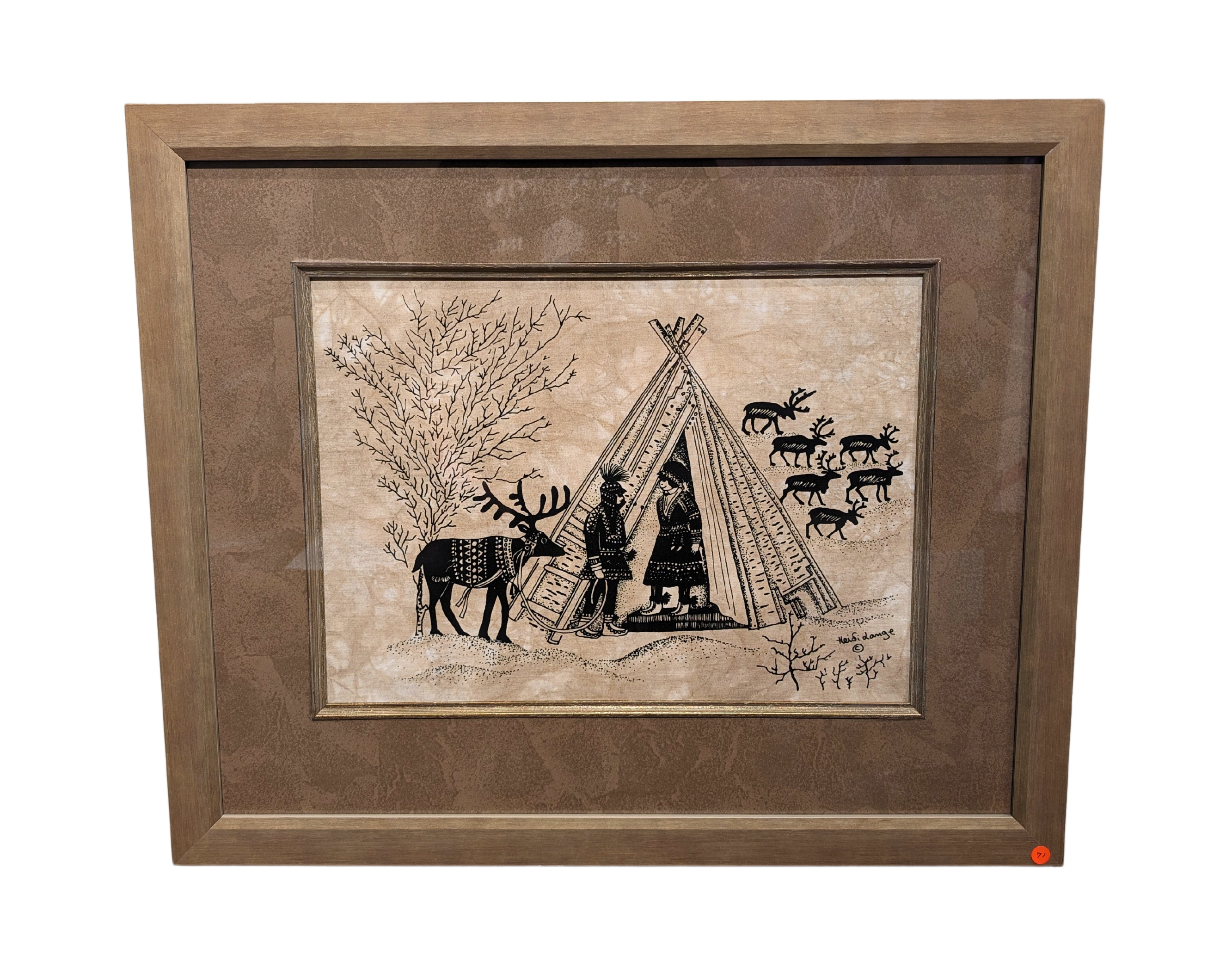 The framed silkscreen artwork titled "Sami & The Tent" by Heidi Lange, measuring 24"x20", features a captivating black and white design of reindeer, people, and a tent-like structure set against trees on a beautifully textured surface.