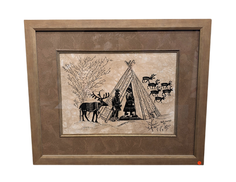 Custom framed silkscreen print "Sami & The Tent" (24"x20") by Swedish artist Heidi Lange, featuring two figures, a teepee, reindeer, and trees in black ink on a beige background.