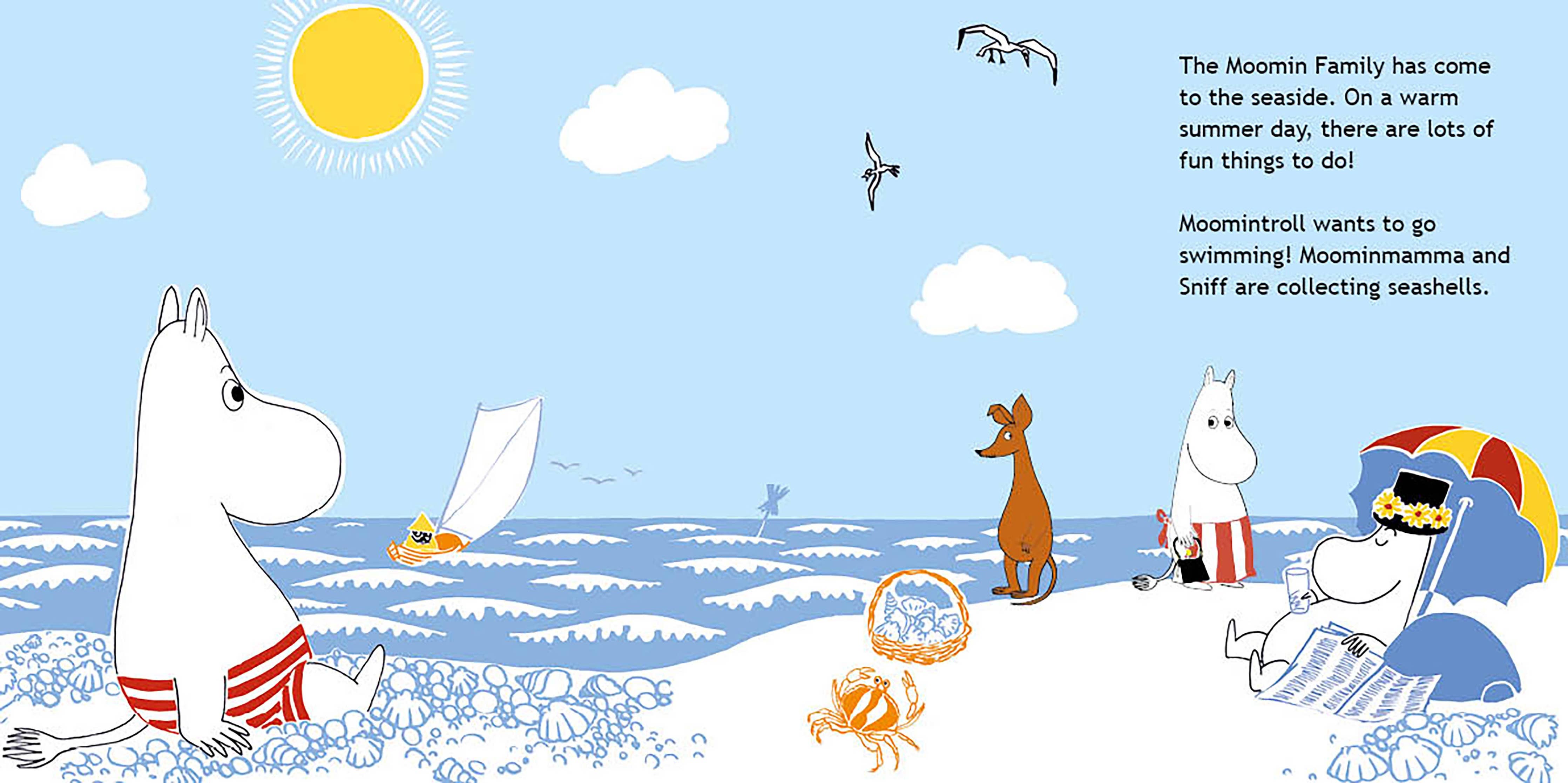 Enjoy scenes from "Book: Moominvalley Friends at the Seaside by Katariina Heilala" as the Moomin family and friends relax, swim, and collect seashells by the sea—featuring wooden Moomin figures for interactive play.