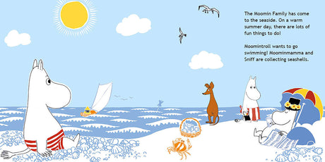 Enjoy scenes from "Book: Moominvalley Friends at the Seaside by Katariina Heilala" as the Moomin family and friends relax, swim, and collect seashells by the sea—featuring wooden Moomin figures for interactive play.