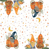 Whimsical Pumpkin Gnome Cocktail Napkins—featuring gnomes in hats, pumpkins, moons, and stars. Perfect for Halloween parties! Printed on white 3-ply napkins. Package includes 20 napkins, each 5x5 inches.