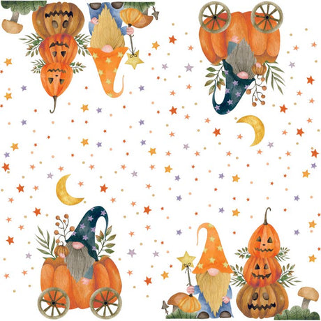 Whimsical Pumpkin Gnome Cocktail Napkins—featuring gnomes in hats, pumpkins, moons, and stars. Perfect for Halloween parties! Printed on white 3-ply napkins. Package includes 20 napkins, each 5x5 inches.