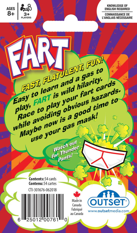 The playing card game FART boasts vibrant packaging with a gas mask and underwear, offering flatulent fun. With 54 cards and playful text bubbles, its easy to learn for 3+ players, making it an explosive addition to any gathering.