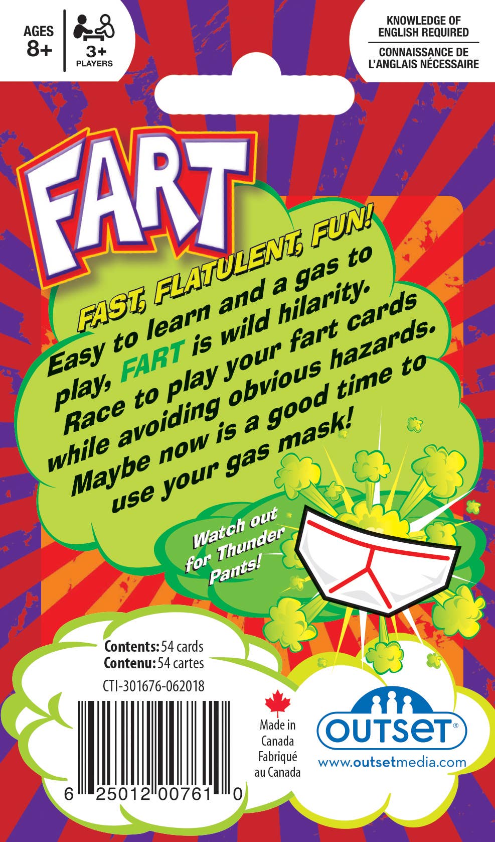 The Fart Card Game features vibrant packaging and includes 54 cards adorned with cartoon gas clouds and humor-themed text. Designed for players ages 8 and up, this explosive game promises flatulent fun for 3 or more participants.