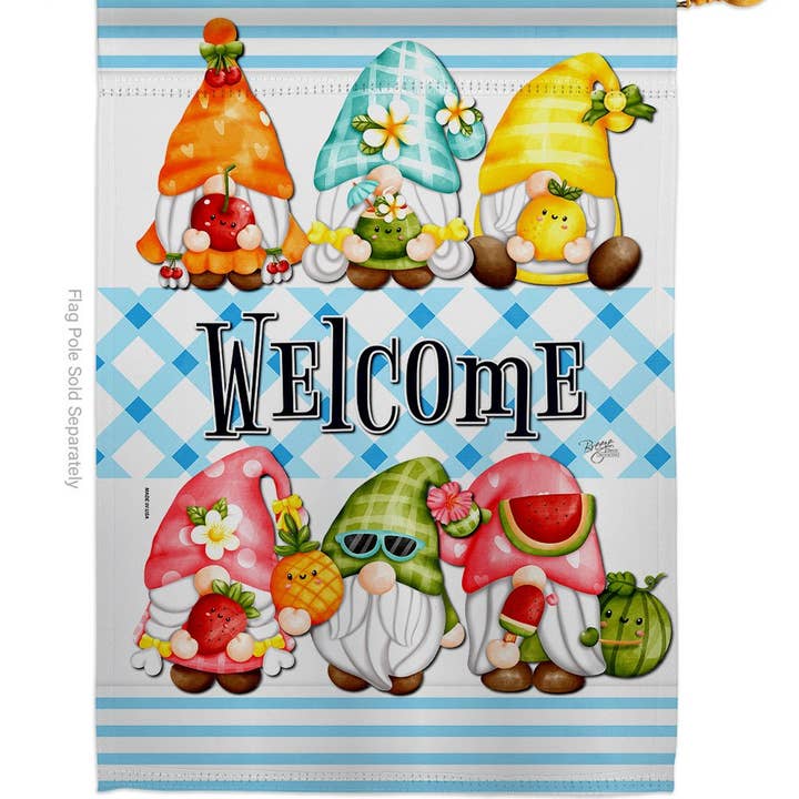 The Flag: Sweet Gnomes Food Fruit Gnome Decor Flag features six gnomes with fruit hats above and below Welcome on a blue plaid, made from weather-resistant fabric—a charming addition to your garden décor.