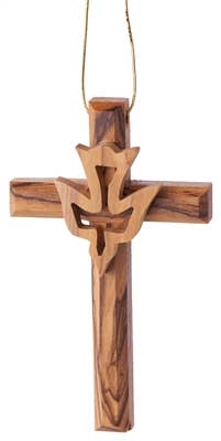 A 3.75" cross ornament, intricately carved from rich Bethlehem olive wood, showcases a peaceful dove.