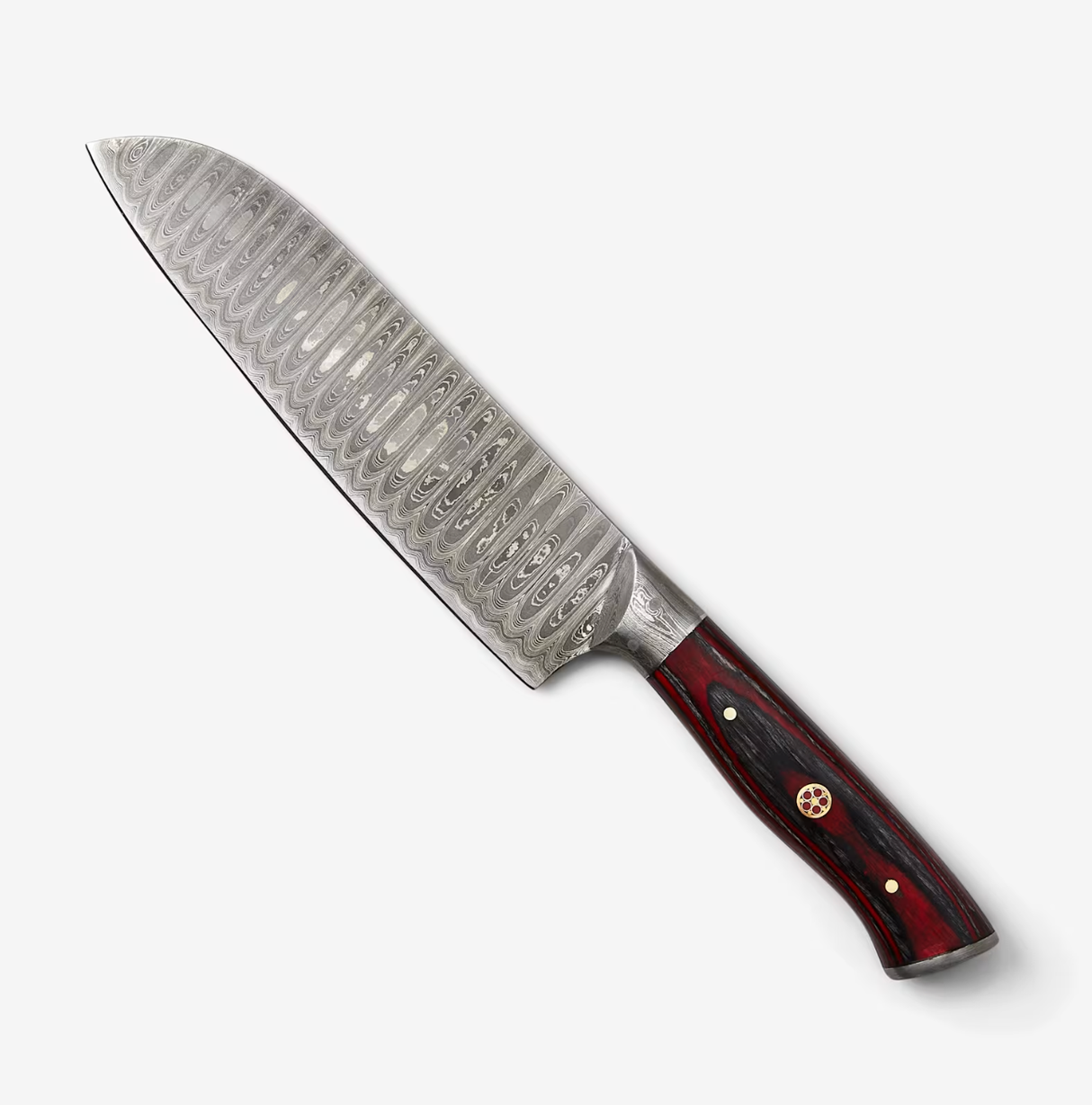 Patterned Damascus steel blade with a dark red and black wooden handle, shown resting on a white background.