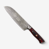Patterned Damascus steel blade with a dark red and black wooden handle, shown resting on a white background.