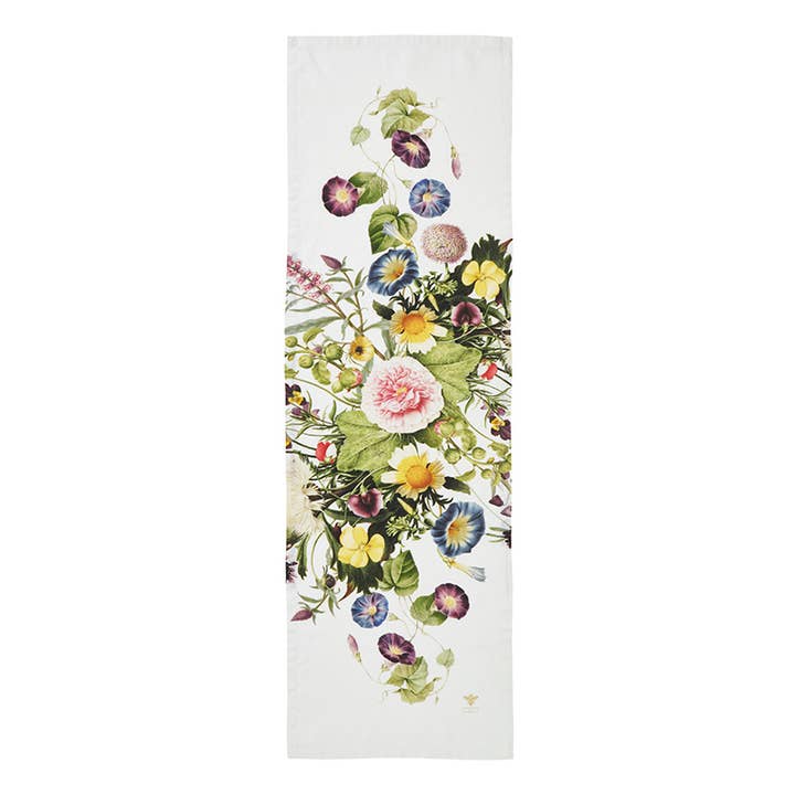 This Tea Towel: A Flower Garden, crafted by Jim Lyngvild Koustrupco, features a vibrant floral pattern with colorful flowers and green foliage on a white background, made from 100% organic cotton.