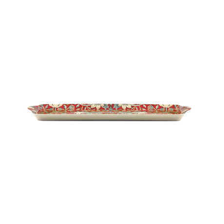 Rectangular ceramic tray with red William Morris-inspired floral pattern, slightly raised edges, viewed from the side against a white background.