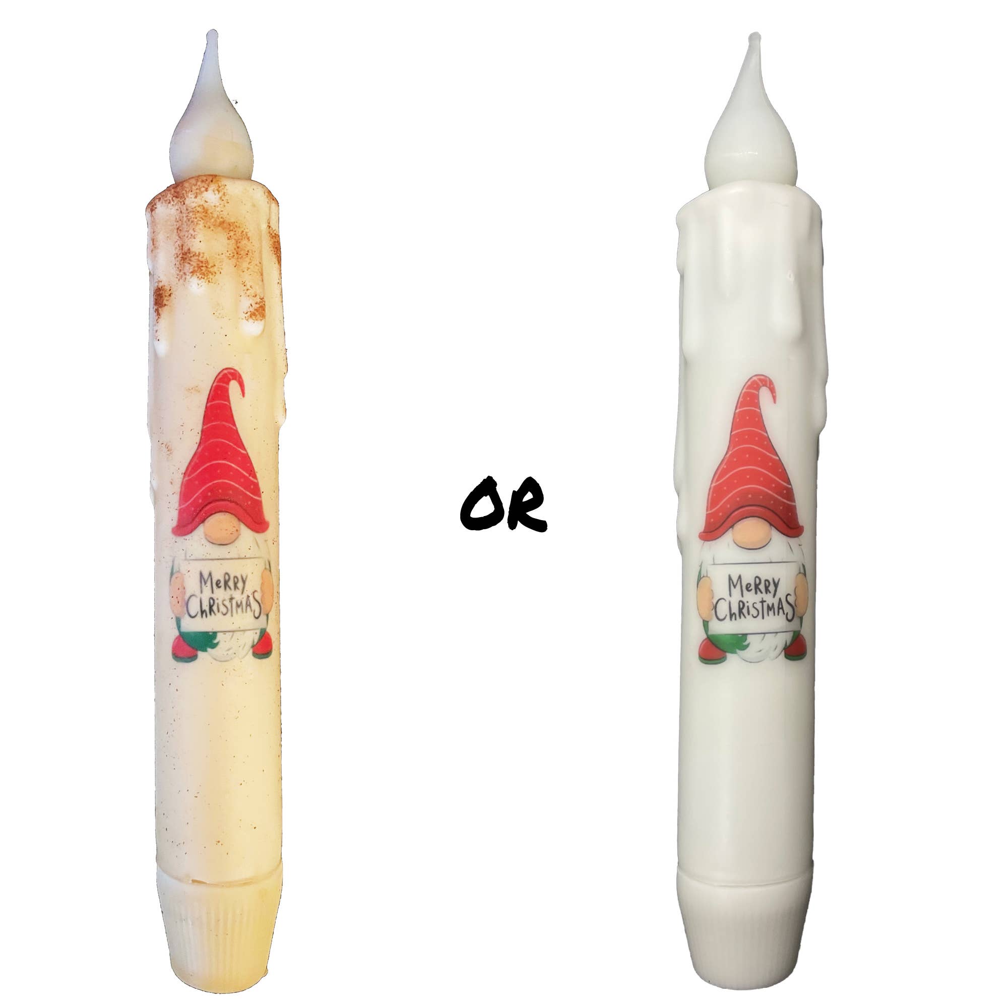 Add a festive touch to your holiday décor with two cylindrical Christmas-themed containers adorned with gnome illustrations: one featuring a light gold sprinkle, and the other in plain white. The message "OR" is written between them. Enhance the charm by pairing them with our Merry Christmas Gnome LED Battery Operated Timer Taper Candles in Natural with Cinnamon for a delightful, glowing display.