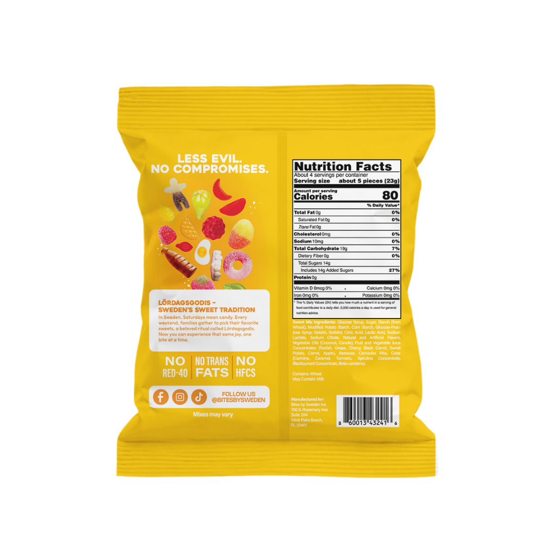 Back of a yellow candy bag with nutrition facts, images of various candies, and text noting Swedish candy, clean ingredients, no trans fats, and no red 40.