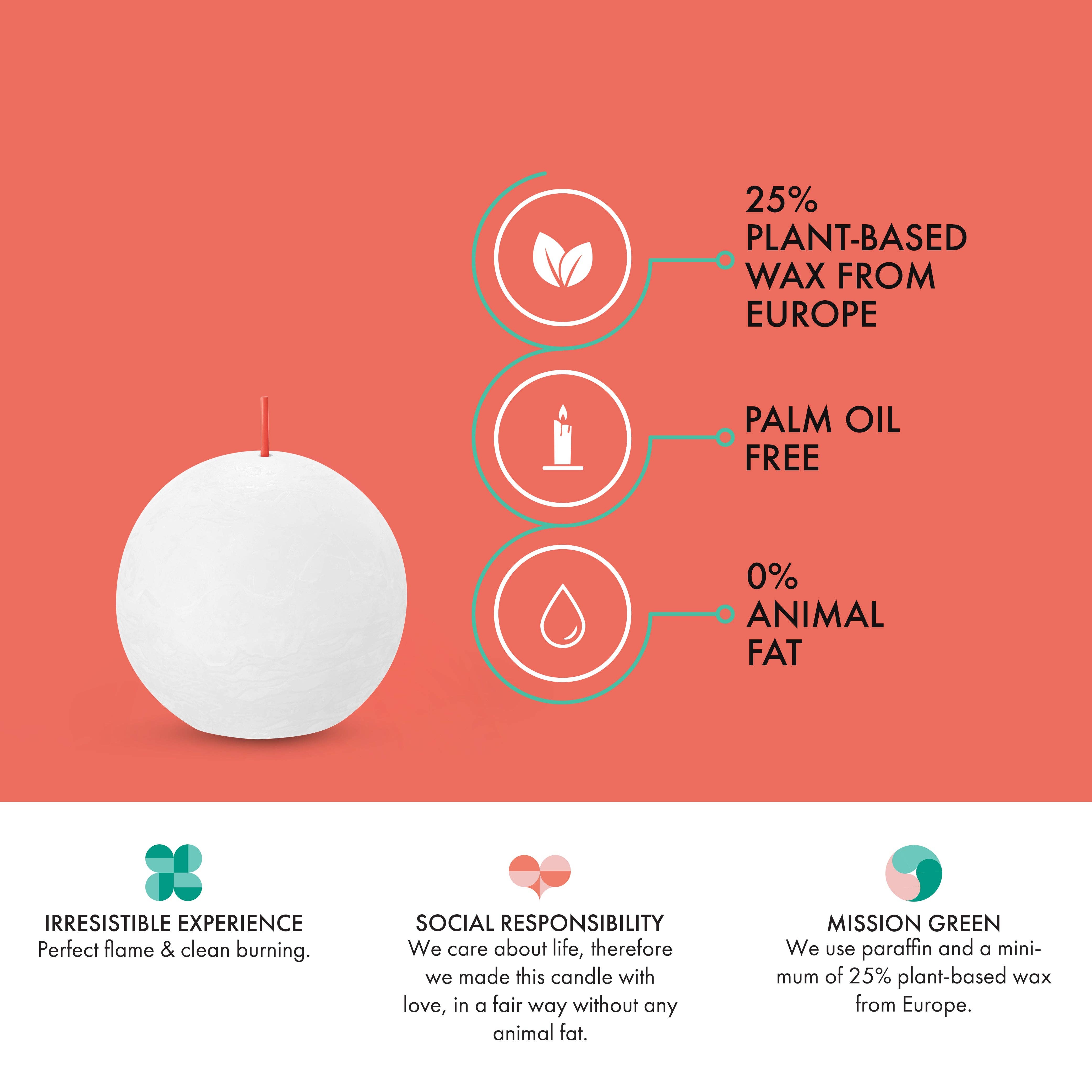 The Fresh Olive Rustic 3" Ball Candle, an unscented option for purity, is shown next to a white candle on the left. On the right, three icons highlight that it is made with 25% plant-based wax, free of palm oil, and contains 0% animal fat. The bottom section underscores its commitment to providing an irresistible experience while maintaining social responsibility and Mission Green principles.