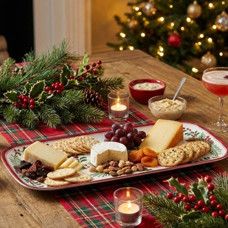 Cheese and cracker platter with nuts, fruit, and candles on a pinecone-patterned tray placed on a wooden table beside a Christmas tree decorated with holly.