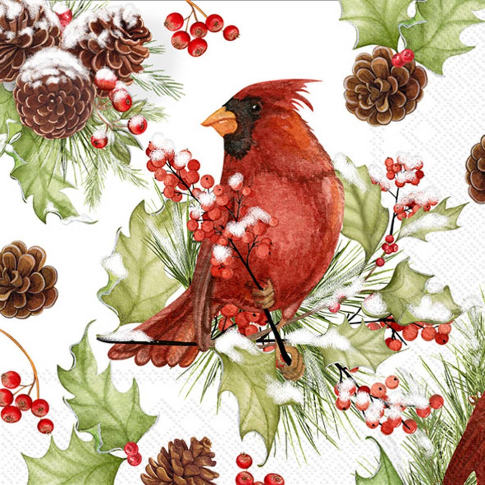 Festive Paper Cocktail Napkins feature cardinals on holly branches with red berries, pinecones, and snowy green leaves—ideal for Christmas gatherings. Includes 20 napkins, each 5" x 5".