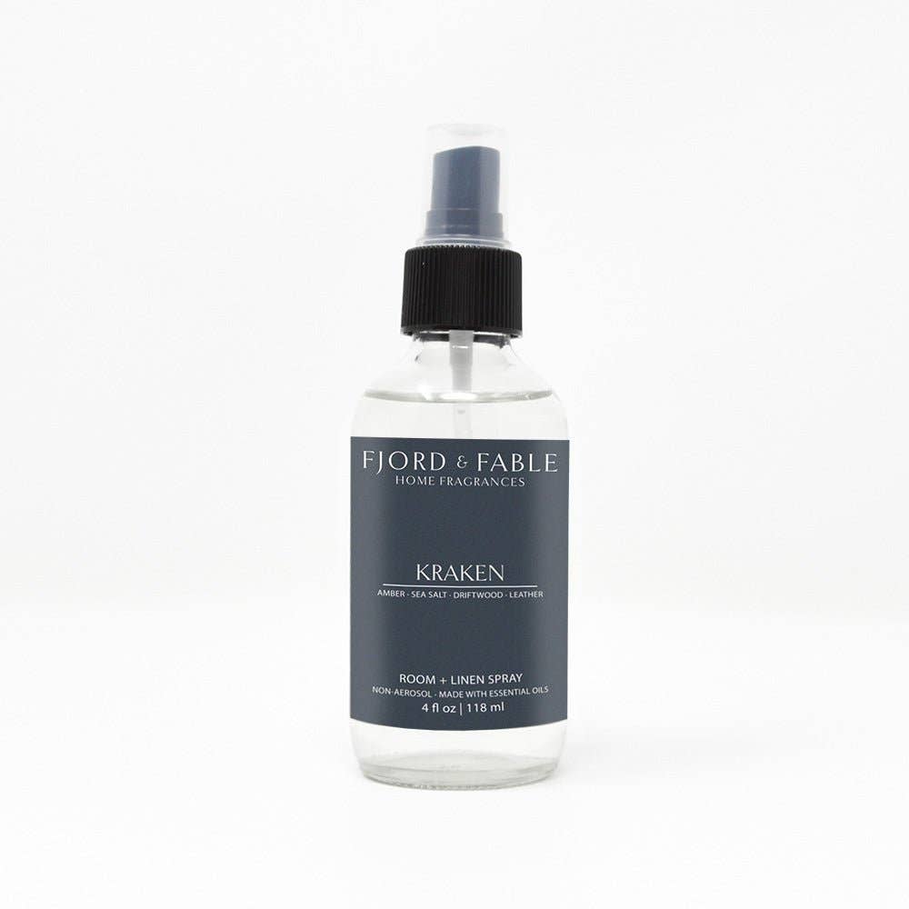 Spray: Kraken Room + Linen or Room Spray by Fjord and Fable 4 fl oz Scent Amber, Sea Salt, Driftwood, Leather,