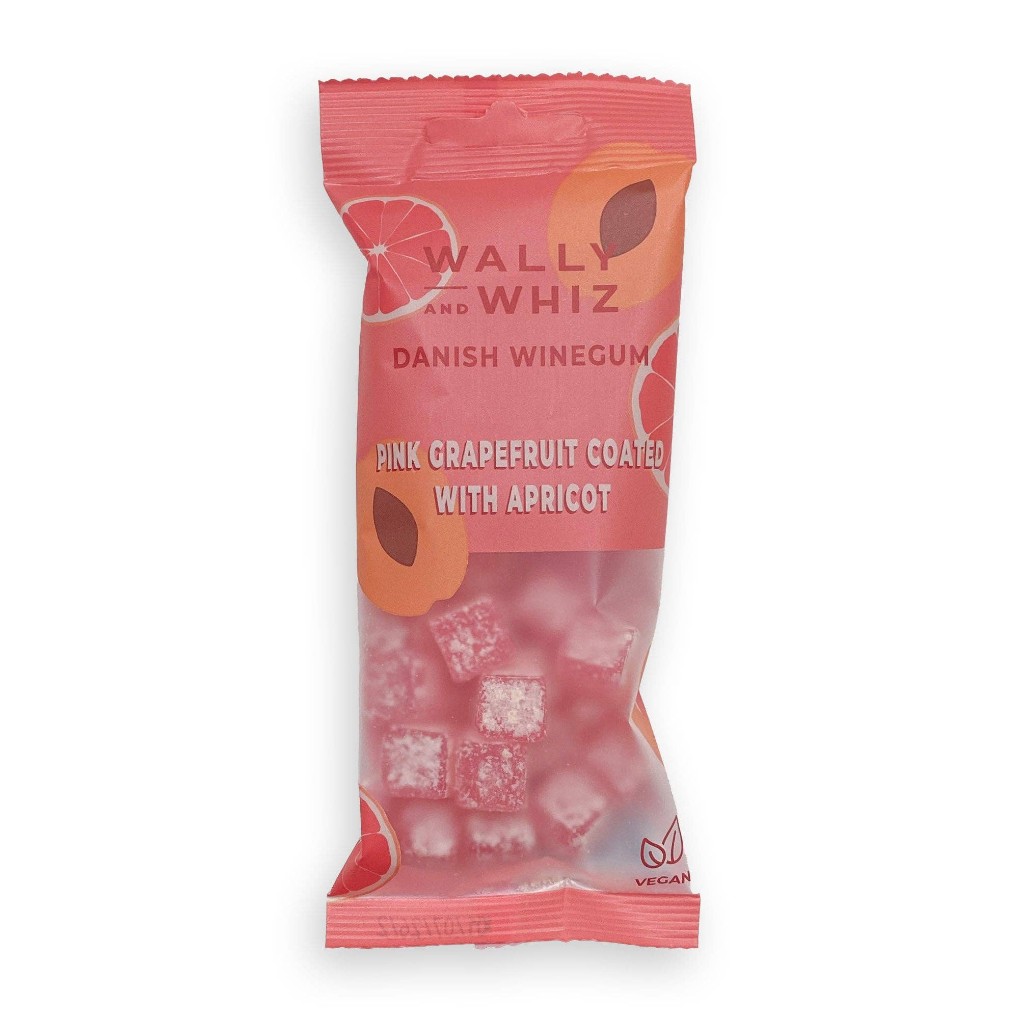 A 56g packet of Wally & Whiz Pink Grapefruit with Apricot vegan Danish candy, featuring fruit illustrations, a vegan symbol, and gluten-free gummies.