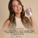 Woman with long brown hair holds a Kitsch hair product bottle; visible text below lists thermal protection and frizz control features for flat ironing.