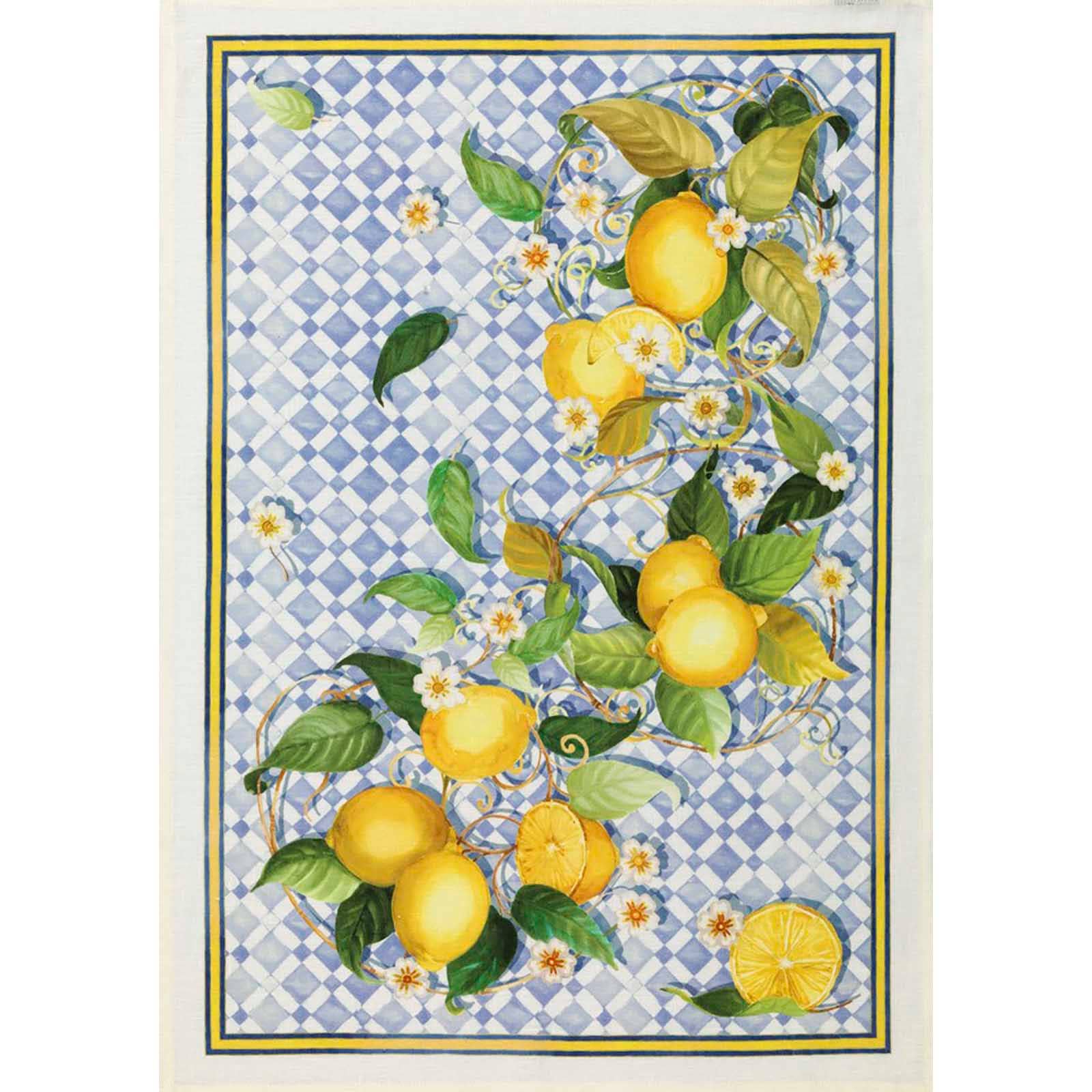 Illustration of lemons, leaves, and white flowers on a blue-and-white checkered background, akin to the Italian Lemon Tiles featured in the Tea Towel: Italian Lemon Tiles Linen Tea Towel.